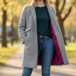 H&M Beige Textured Coat with Pink Trim